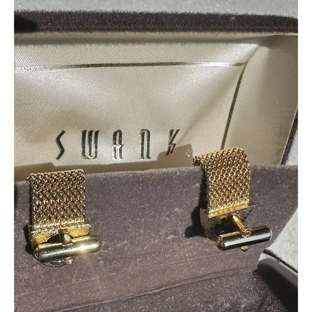 Vintage MCM SWANK Square Oval Tigers Eye Cufflink Set Gold Tone Original Box
